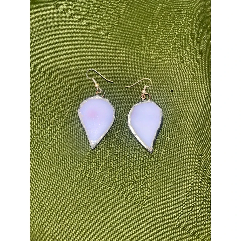 Handmade Stained Glass Teardrop Earrings Pink White Marbled Artisan Dangle